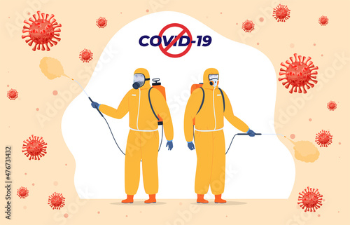 Male protective uniform respirators fighting viruses covid spraying sanitizer vector illustration