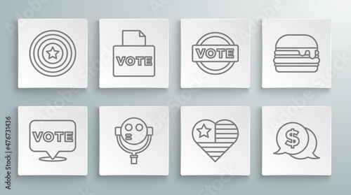Set line Vote, box, Tourist binoculars, USA Independence day, Coin money with dollar, Burger and American star shield icon. Vector