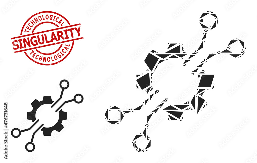 Simple geometric electronic mechanics mosaic and TECHNOLOGICAL SINGULARITY unclean stamp imitation. Red stamp seal includes Technological Singularity title inside round and lines shape.