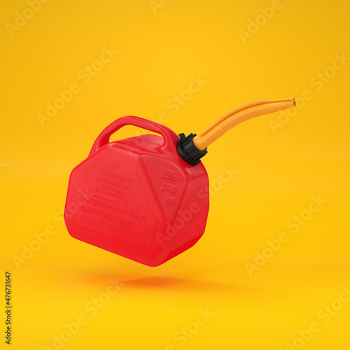 Gas can red floating in the air on a yellow background, 3d render