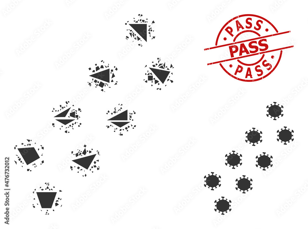 Fototapeta premium Simple geometric virus trace mosaic and PASS rubber seal. Red stamp seal has Pass tag inside circle and lines shape. Vector virus trace icon collage designed from chaotic triangles,