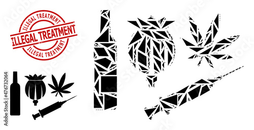 Simple geometric addiction drugs mosaic and Illegal Treatment corroded stamp. Red stamp has Illegal Treatment text inside round and lines shape.