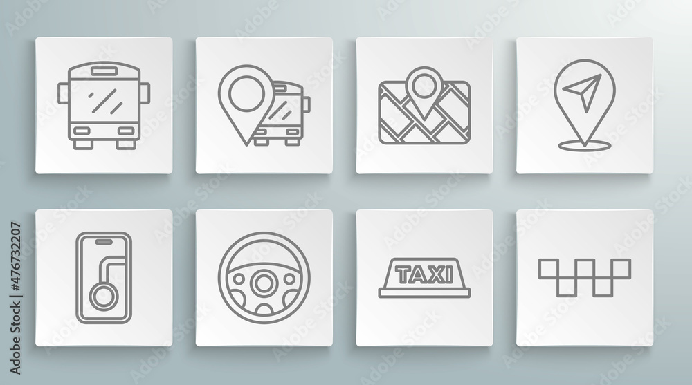 Set line City map navigation, Location with bus, Steering wheel, Taxi car roof, Gps device, and Bus icon. Vector Set line City map navigation, Location with bus, Steering wheel, Taxi car roof, Gps device, and Bus icon. Vector