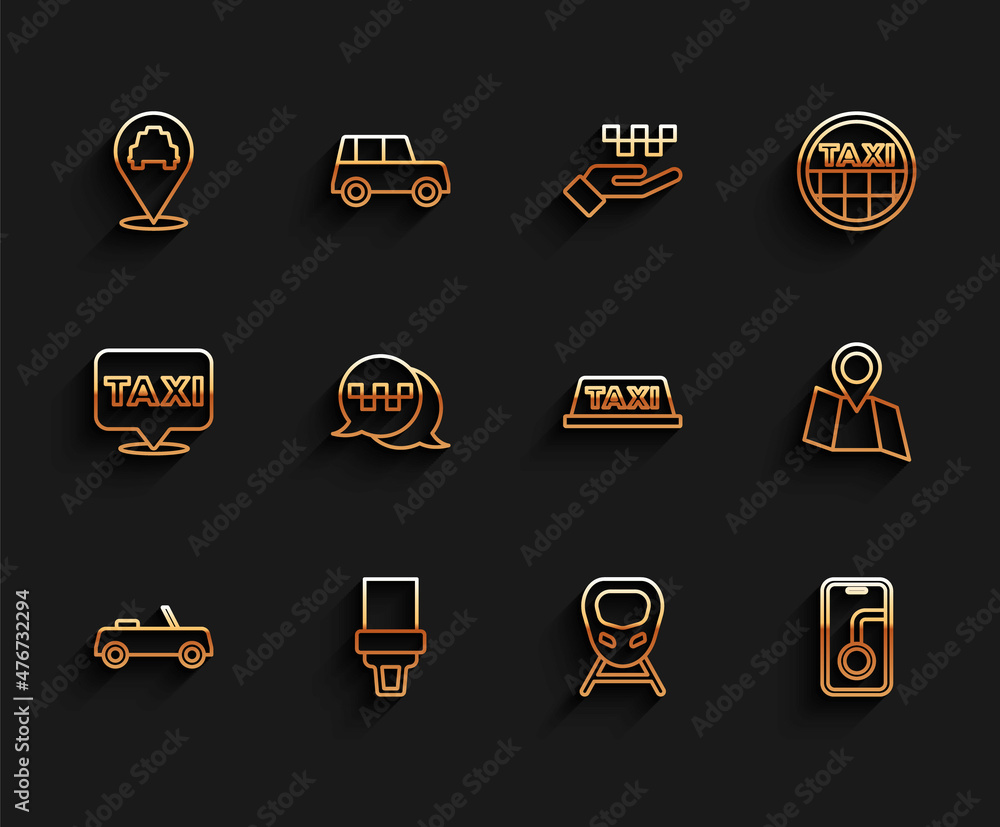 Set line Car, Safety belt, Location with taxi, High-speed train, City map navigation, Taxi call telephone service, Folded location and car roof icon. Vector Set line Car, Safety belt, Location with taxi, High-speed train, City map navigation, Taxi call telephone service, Folded location and car roof icon. Vector