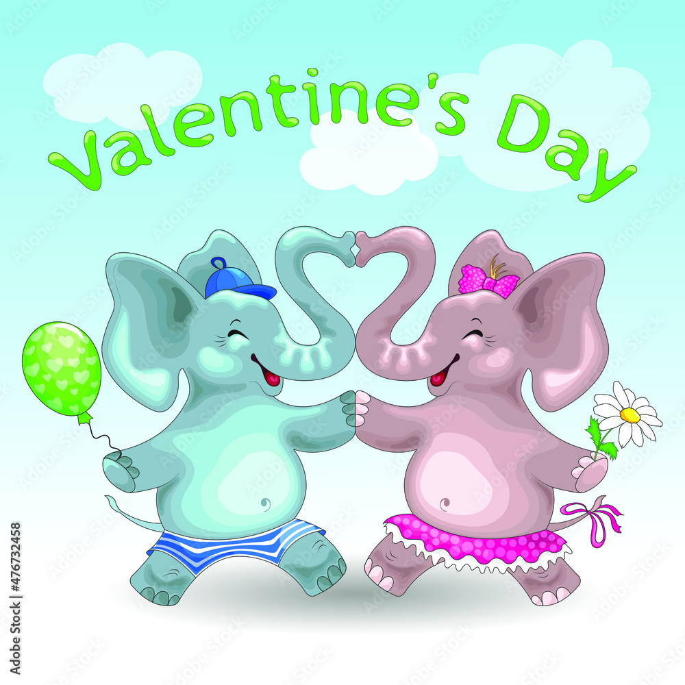 Valentine's day greeting card with couple of happy cartoon elephants on sky background Valentine's day greeting card with couple of happy cartoon elephants on sky background