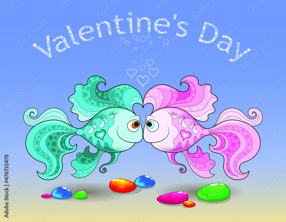 Valentine's Day greeting card with couple of cartoon fish in love on underwater background