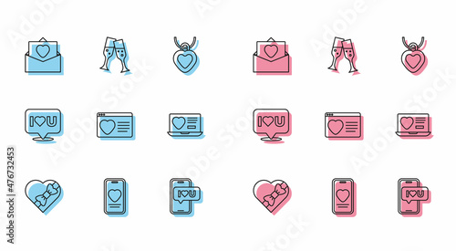 Set line Candy in heart shaped box, Online dating app chat, Envelope with Valentine, Mobile, Dating online, Speech bubble I love you and Glass of champagne icon. Vector