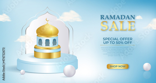3D Eid Mubarak Blue podium stage with golden mosque minarets