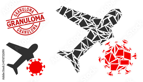 Simple geometric infected airplane mosaic and GRANULOMA scratched stamp seal. Red stamp seal has GRANULOMA title inside circle and lines template.