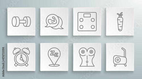 Set line Alarm clock, Bodybuilder muscle, Sleepy, Women waist, Stationary bicycle, Bathroom scales, Carrot and Dumbbell icon. Vector