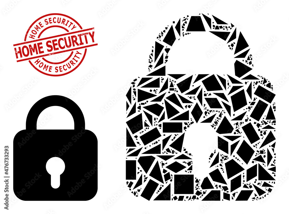 Simple geometric lock mosaic and Home Security grunge stamp seal. Red stamp seal has Home Security caption inside round and lines shape. Vector lock icon collage is combined from randomized triangles, Simple geometric lock mosaic and Home Security grunge stamp seal. Red stamp seal has Home Security caption inside round and lines shape. Vector lock icon collage is combined from randomized triangles,