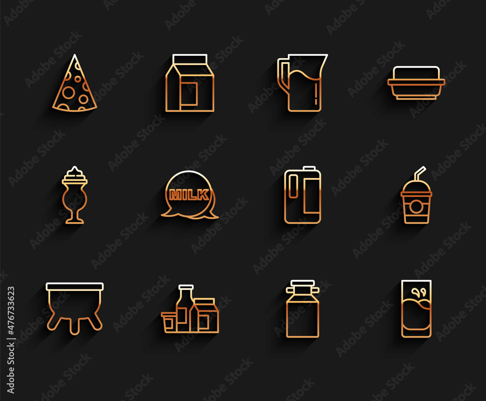 Set line Udder, Milk product, Cheese, Can container for milk, Glass with, Lettering, Milkshake and plastic bottle icon. Vector Set line Udder, Milk product, Cheese, Can container for milk, Glass with, Lettering, Milkshake and plastic bottle icon. Vector