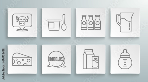 Set line Cheese, Yogurt container with spoon, Lettering milk, Paper package for kefir, Baby bottle, Bottle, Milk jug pitcher and Cow head icon. Vector