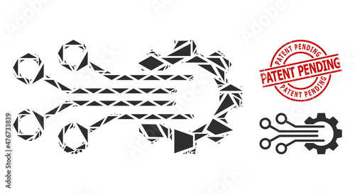 Simple geometric mechanic sensor mosaic and Patent Pending grunge stamp seal. Red stamp has PATENT PENDING title inside round and lines template.