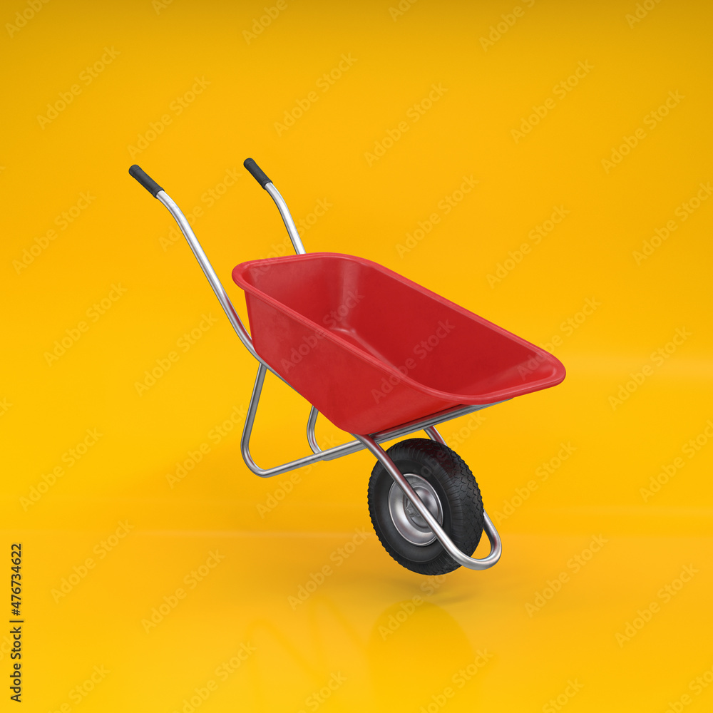 Metal wheelbarrow red on a yellow background, 3d render Metal wheelbarrow red on a yellow background, 3d render