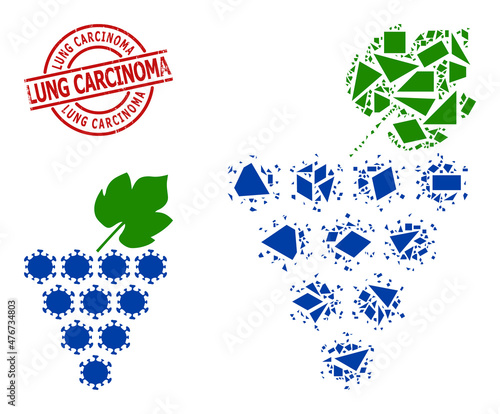 Simple geometric virus grapes bunch mosaic and Lung Carcinoma dirty stamp. Red stamp has LUNG CARCINOMA title inside round and lines shape.