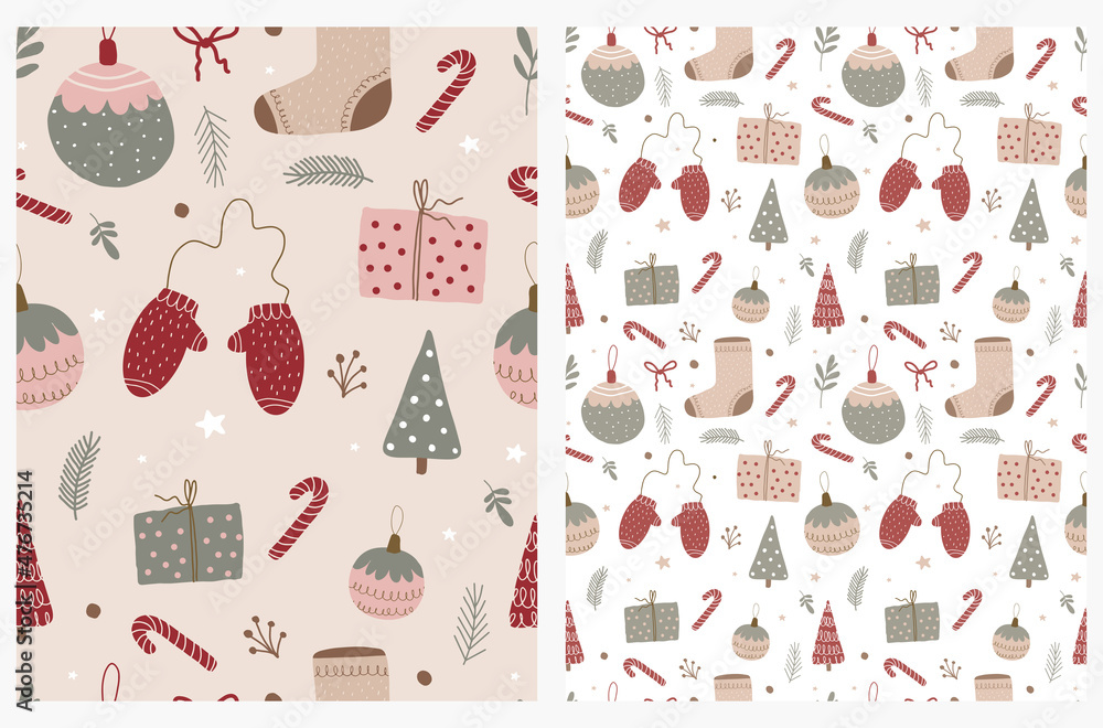 Winter Holidays Seamless Vector Patterns. Infantile Style Print with Christmas Trees, Santa's Boots, Twigs, Wooly Gloves, Giftbox, Stars and Baubles on a White and Beige Background. 