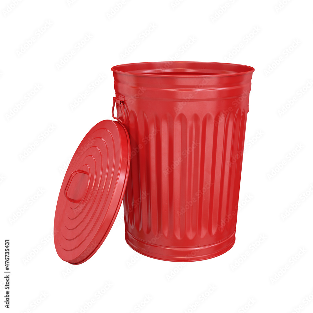 Trash can with open lid red on white background, 3d render Trash can with open lid red on white background, 3d render