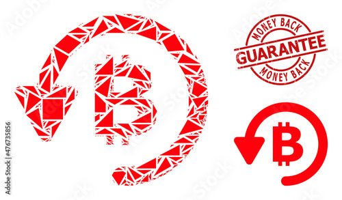 Simple geometric bitcoin refund mosaic and Money Back Guarantee scratched stamp seal. Red stamp seal has Money Back Guarantee tag inside circle and lines shape.