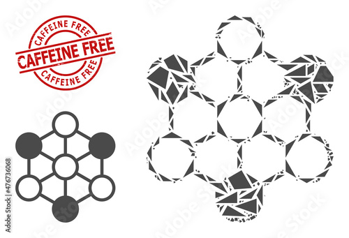 Simple geometric blockchain mosaic and Caffeine Free rubber stamp imitation. Red stamp seal contains Caffeine Free title inside circle and lines form.