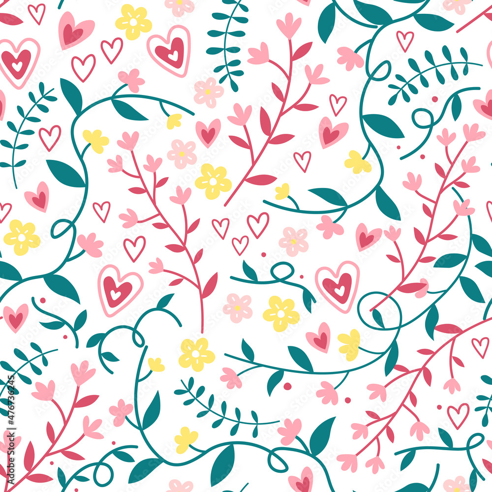Seamless spring pattern with hearts and floral elements