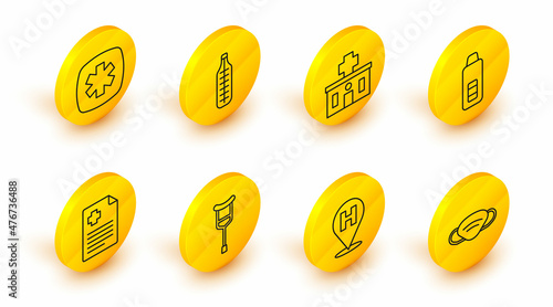 Set line Medical protective mask, Location hospital, Crutch or crutches, Patient record, Digital thermometer, Hospital building, and Emergency - Star of Life icon. Vector