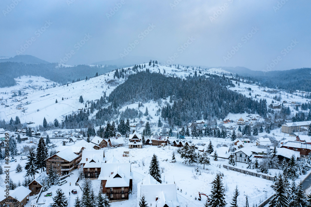 panorama of a snowy mountainous landscape in the Bukovel region during the winter, Ukraine