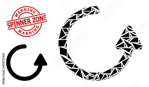 Simple geometric rotate left arrow mosaic and WARNING SPINNER ZONE dirty stamp seal. Red stamp seal includes Warning Spinner Zone text inside circle and lines shape.