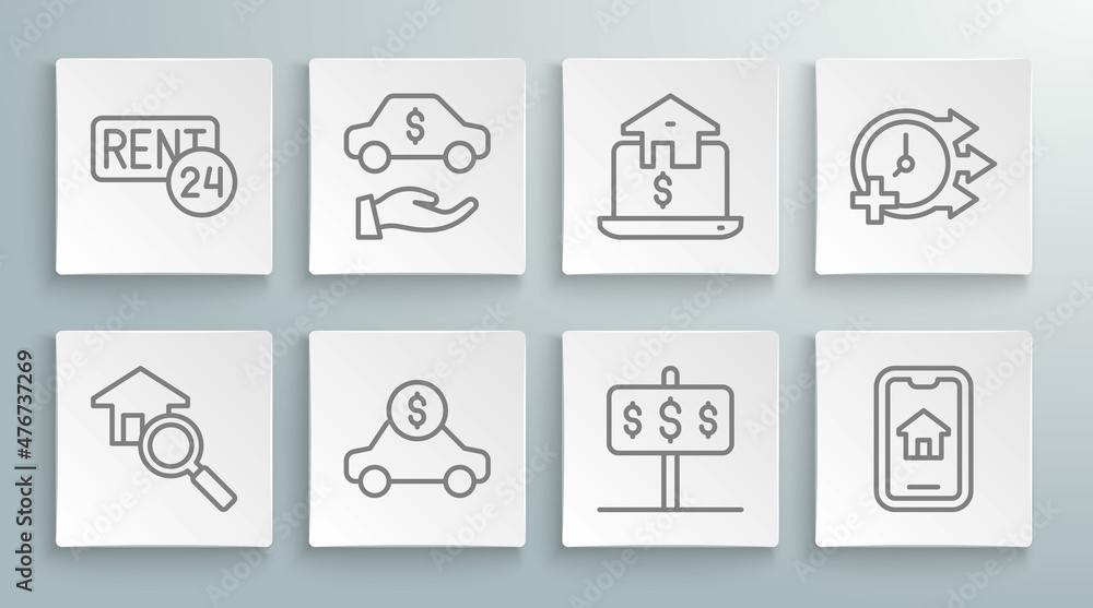 Set line Search house, Car rental, House with dollar, Online real estate, Clock and Rent icon. Vector Set line Search house, Car rental, House with dollar, Online real estate, Clock and Rent icon. Vector