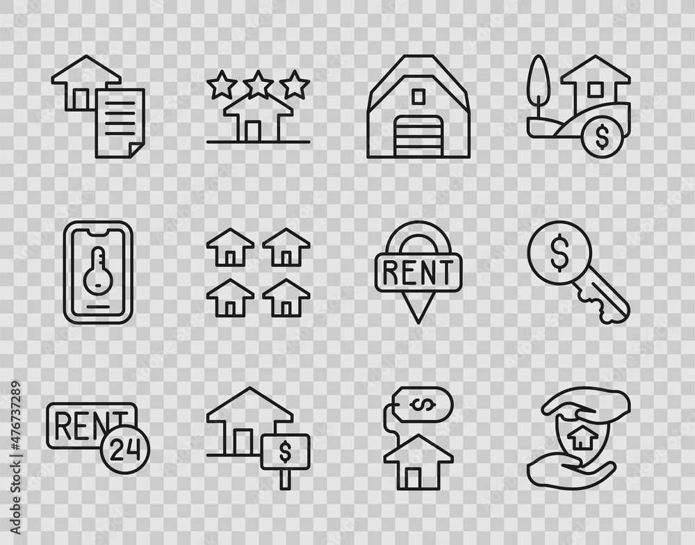 Set line Rent, House with shield, Garage, dollar, contract, Real estate, and key icon. Vector Set line Rent, House with shield, Garage, dollar, contract, Real estate, and key icon. Vector
