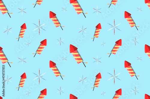 Rocket Fireworks Seamless Pattern Design on Blue Background