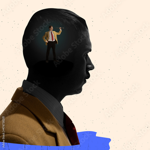 Canvas Print Contemporary art collage of businessman standing in big human head looking in te