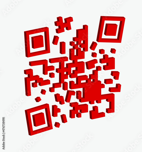 3D QR code explosion. Red color  three-dimensional  on a grey background.