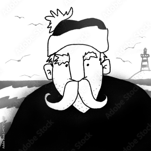 hand drawn sketch caricature portrait of seaman with moustache
