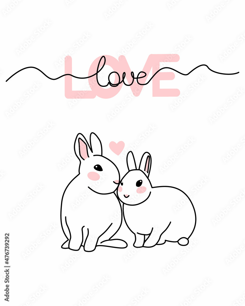 Postcard with minimalistic couple of bunnies in love and hand-written Love lettering. Line art and doodle for Valentine's Day. Vector illustration Postcard with minimalistic couple of bunnies in love and hand-written Love lettering. Line art and doodle for Valentine's Day. Vector illustration
