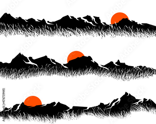 Set of vector horizontal banners with black silhouettes of mountain range, white grass on it and red sun.