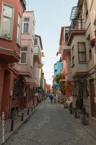 Balat district street view in Istanbul. Balat is popular tourist attraction. 