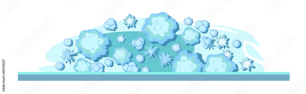 Winter landscape top view. Isolated on white background. In form of semicircle. Snowy frosty nature in cold season. From high. Drifts of snow. Illustration in cartoon style flat design. Vector