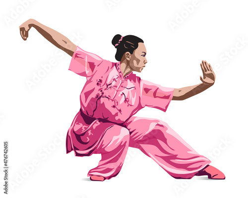 The girl shows the exercise the pose of wushu kung fu colored silhouette. Vector illustration
