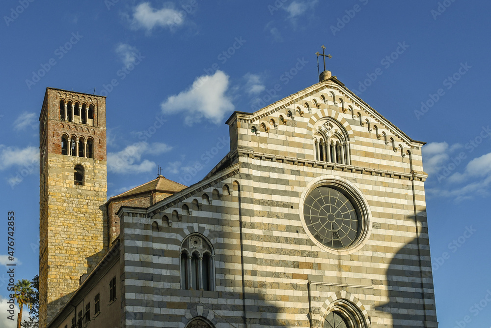 Fototapeta premium Façade of the medieval Church of Santo Stefano (10th century), important example of Romanesque architecture and place where Christopher Columbus was baptized, Genoa, Liguria, Italy