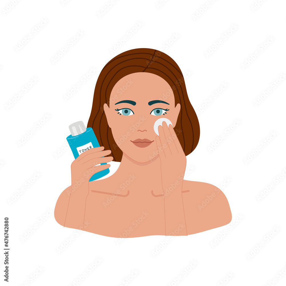 Illustration of a woman applying facial toner, skincare routine Illustration of a woman applying facial toner, skincare routine