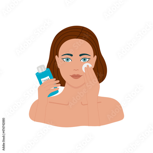 Illustration of a woman applying facial toner, skincare routine
