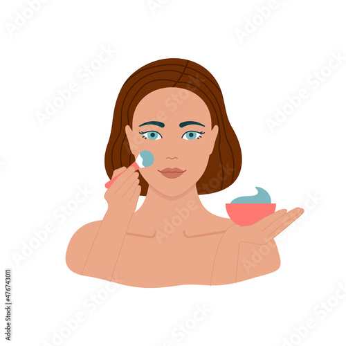Illustration of a woman applying blue clay mask, skincare routine