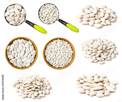 set of various white beans cutout on white photo