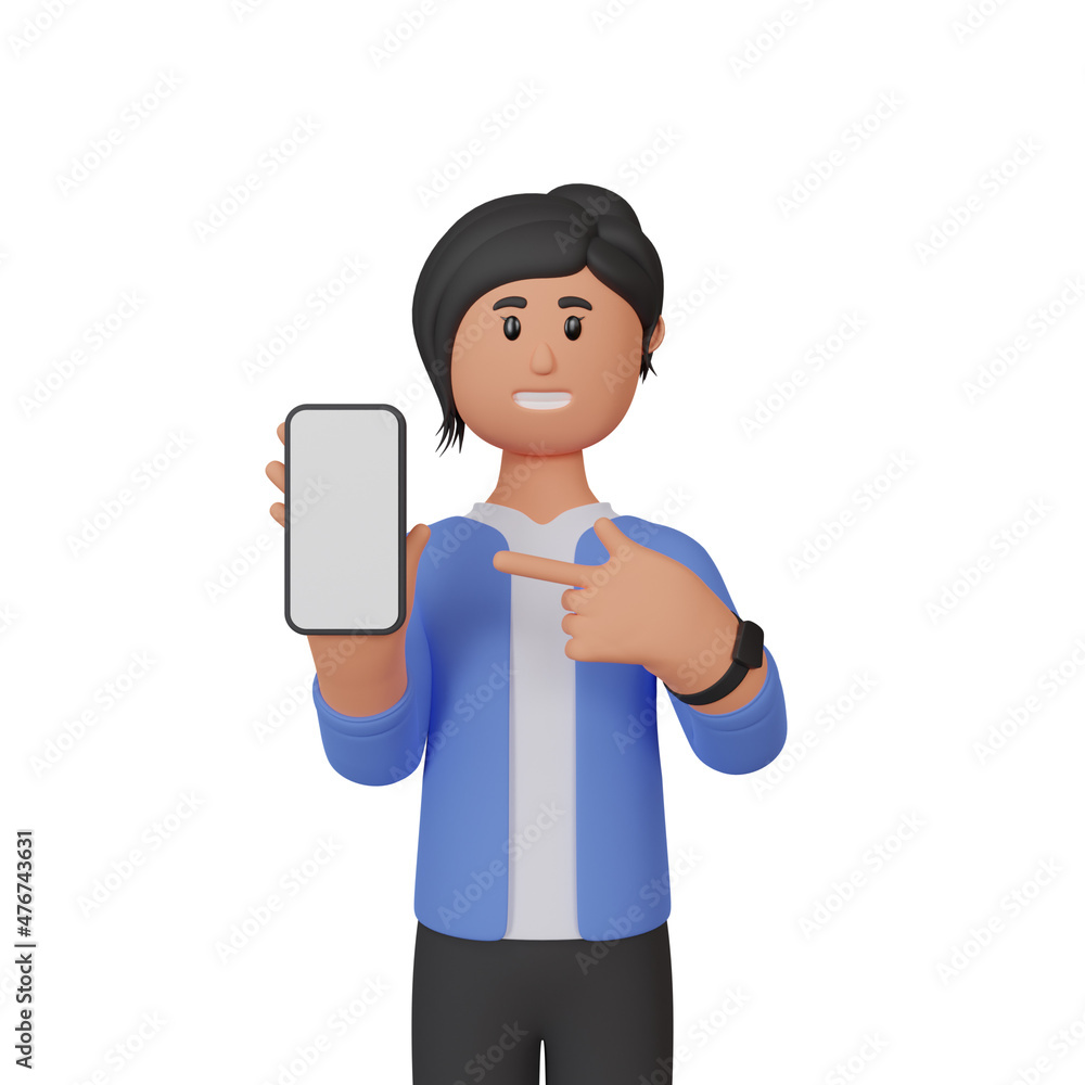 3d rendering woman showing screen of smartphone. 3d rendering woman showing screen of smartphone.