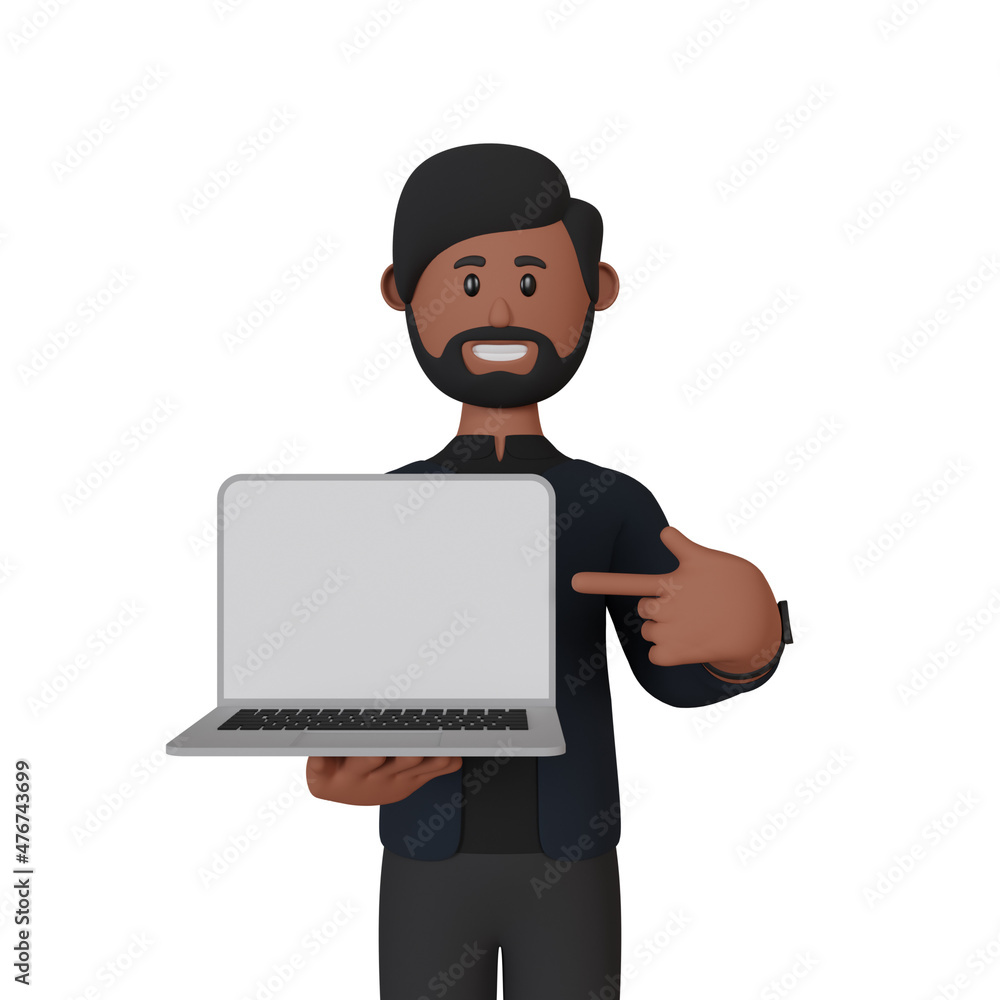 3d rendering man showing screen of laptop 3d rendering man showing screen of laptop