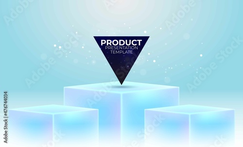 Three box stand for product display. Empty light blue podium or pedestal. Vector template. Abstract product background.