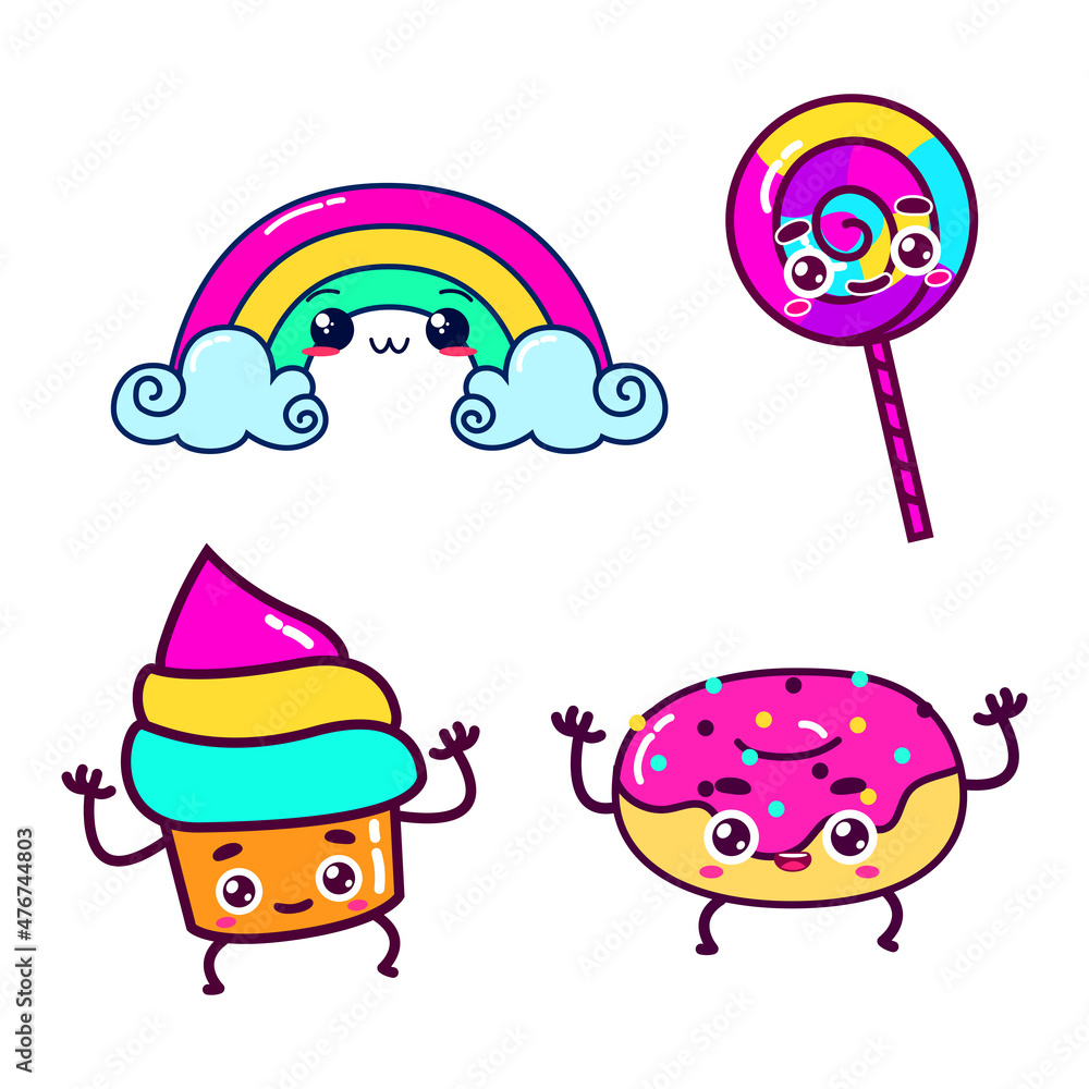 rainbow character and cute sweet food vector