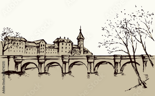 Cityscape with bridge over river. Vector drawing