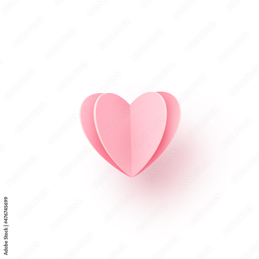 Light pink heart in paper cut 3d style isolated on white background for valentines day, wedding design template. Love passion romance symbol vector illustration